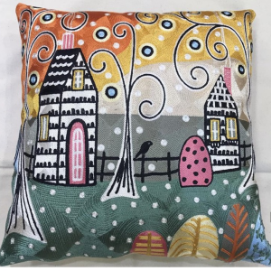 Whimsical House and Nature Cushion Cover – Colorful Abstract Art