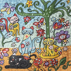 Flower Garden Cats Cushion Cover - Bright Whimsical Art Design